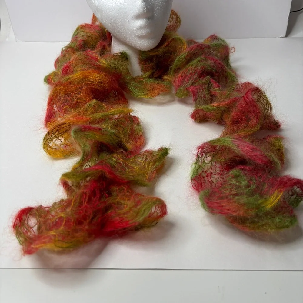 Handmade Multicolor Ruffle Knit Scarf Red Pink Green Gold Mohair Blend Boho Y2K